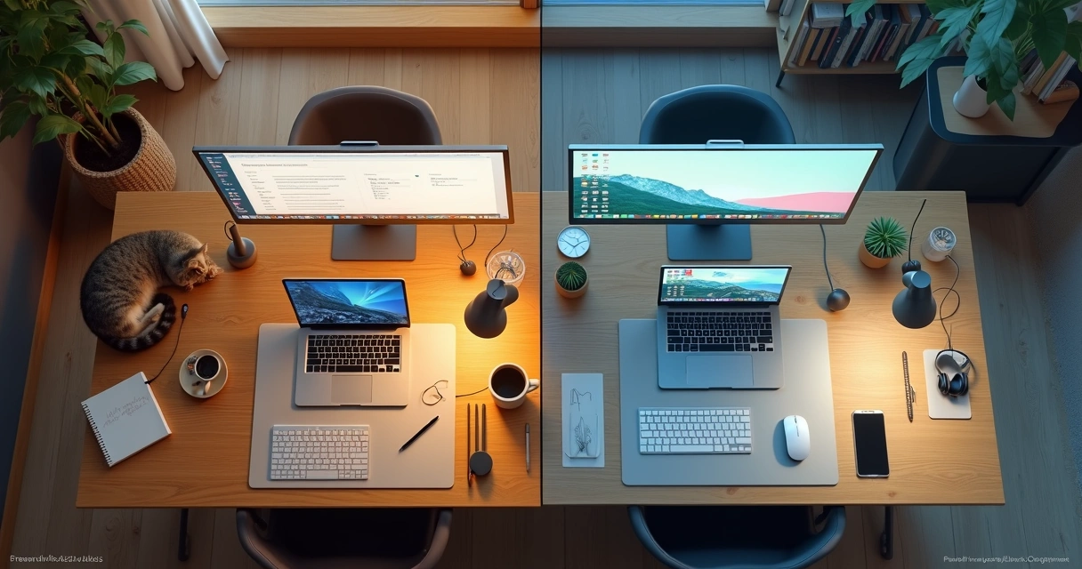 Divisão visual entre home office informal e coworking moderno mostrando comparação de ambientes de trabalho 