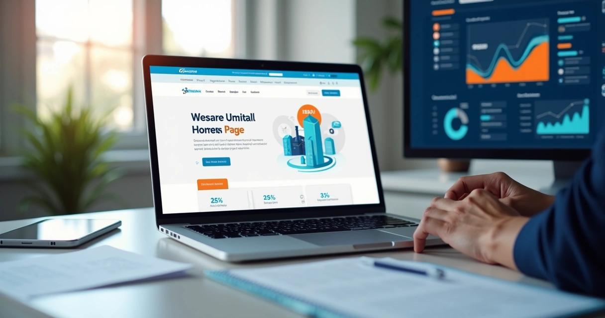 Designer ajustando home page de site em notebook focada em conversão 