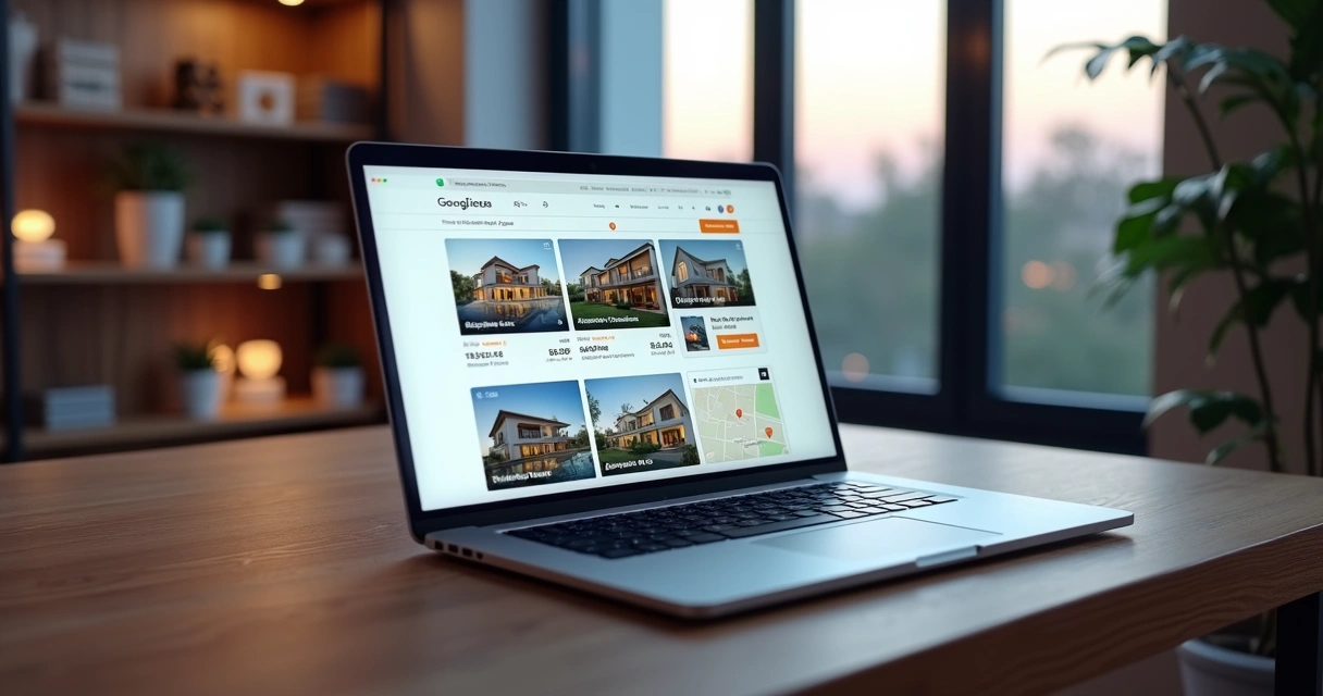 Tela de notebook mostrando home page de site imobiliário moderno com foco em SEO e captação de leads 