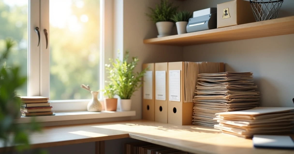 Organized home paperwork with color-coded folders and storage boxes on a wooden shelf 