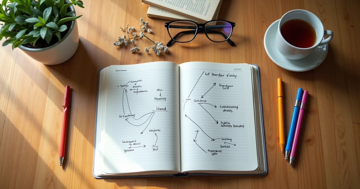 Notebook with family patterns mapped on a table