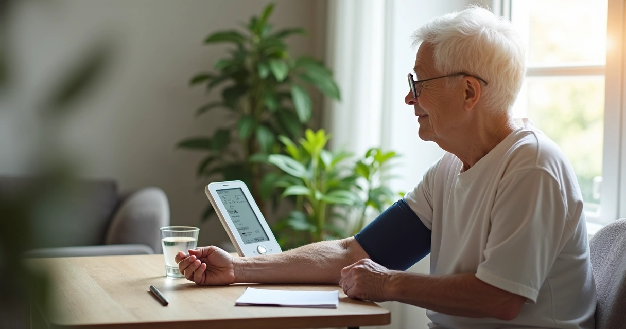 Elderly person measuring blood pressure at home with digital device on table 