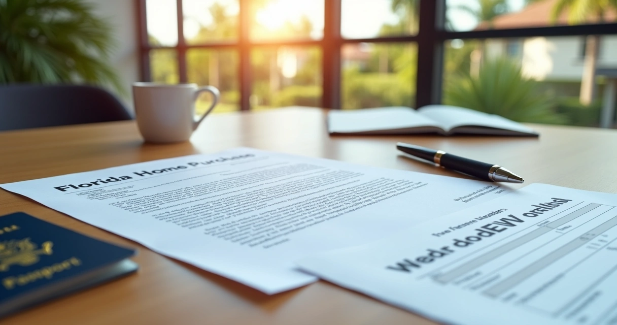 Florida home purchase contract with passport and ITIN form on a table 