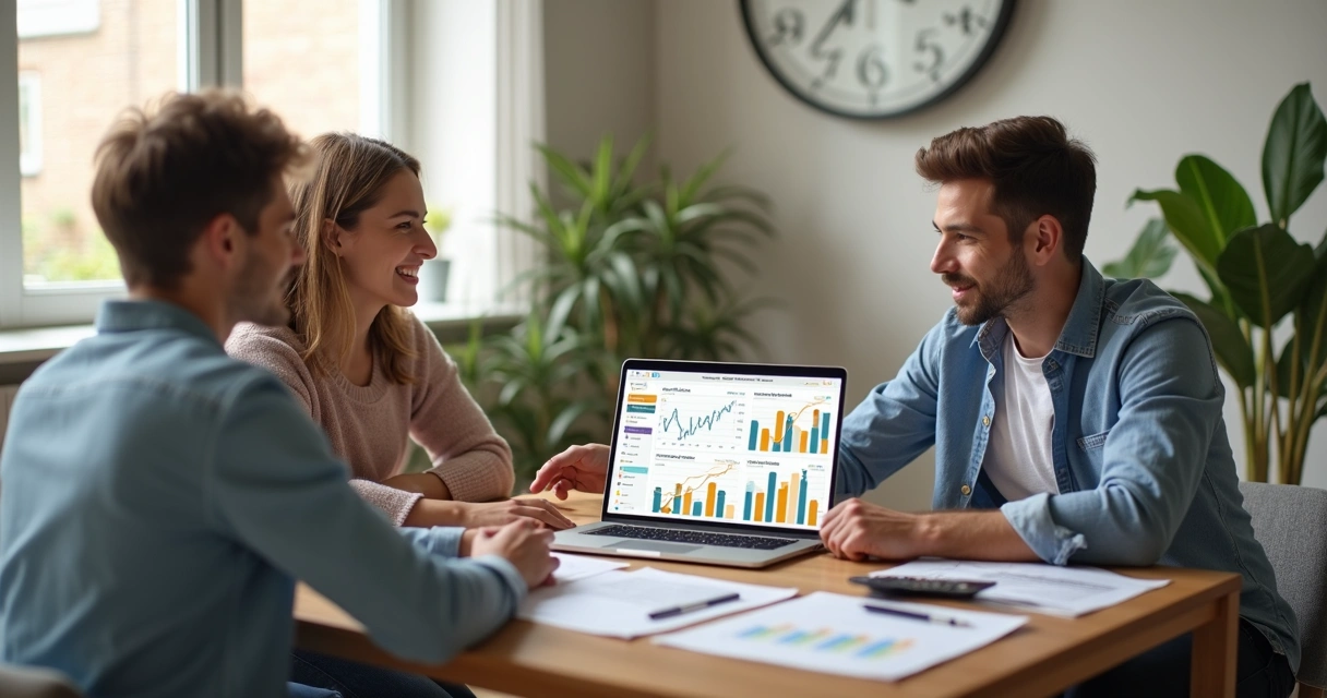 Couple consulting with mortgage advisor at home computer showing financial charts 