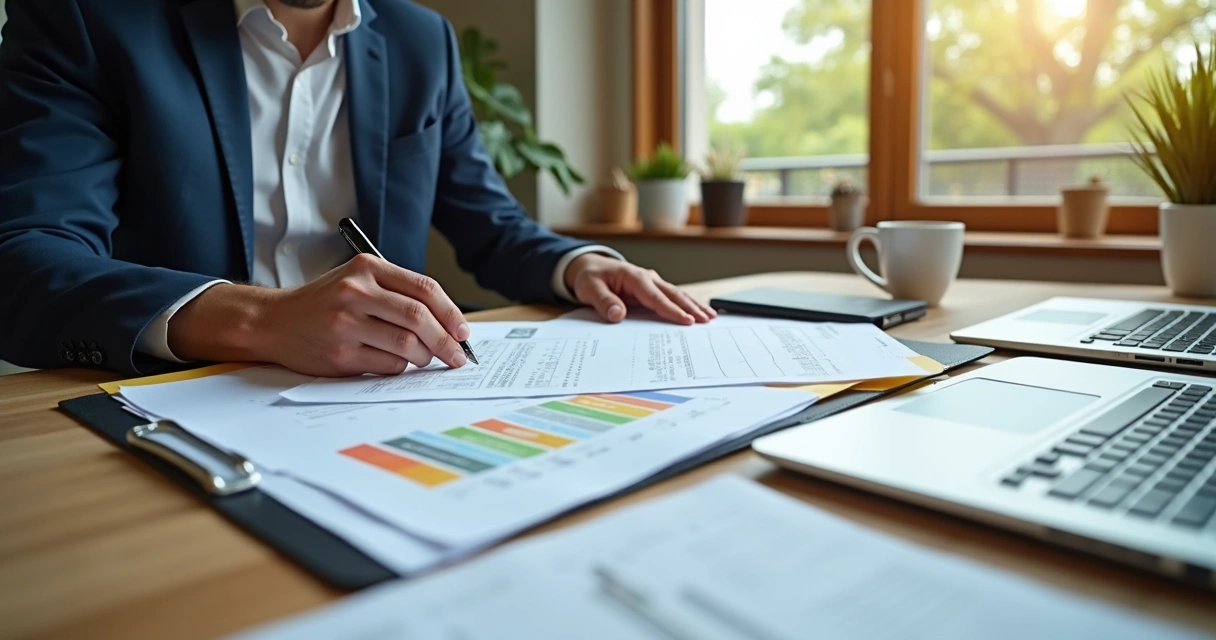 Man organizing property refinance documents at a desk 