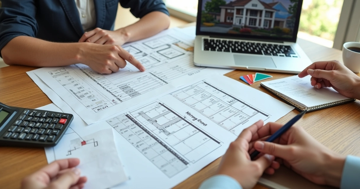 Renovation budget papers and home plans on a desk 