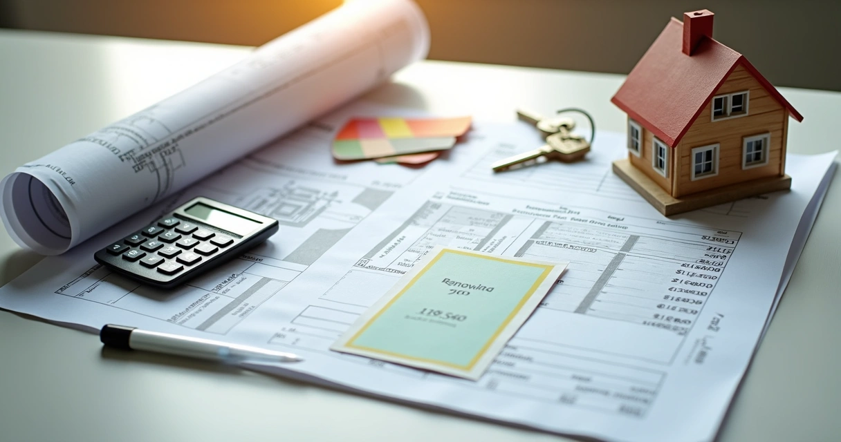 Renovation plans with calculator and house keys 