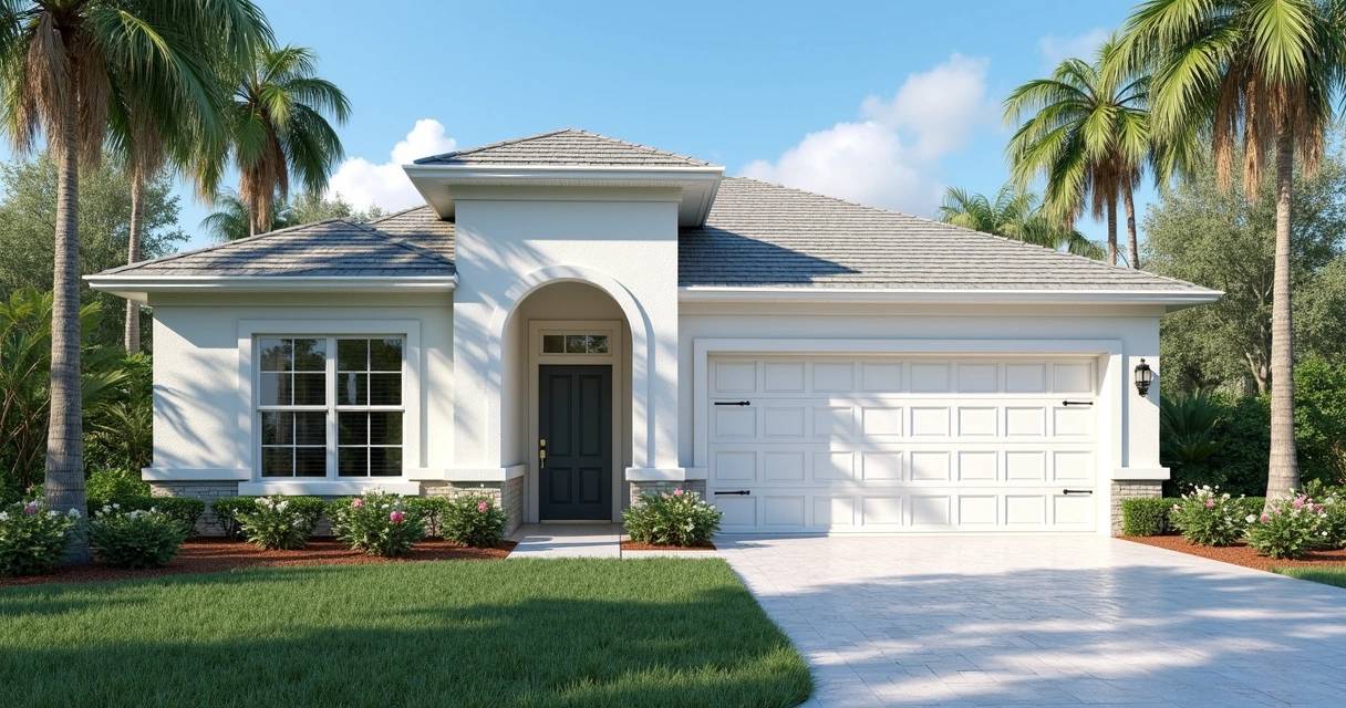 Classic Florida home with coordinated driveway, landscaping, and front path. 