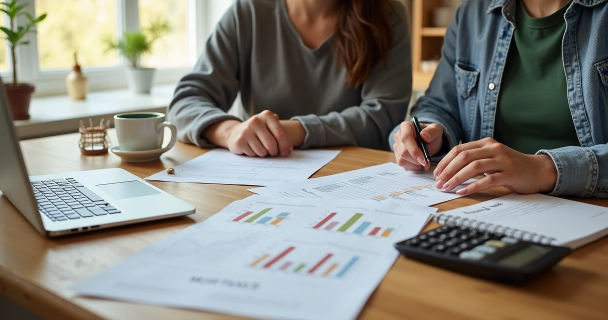 Couple reviewing home budget documents at a kitchen table