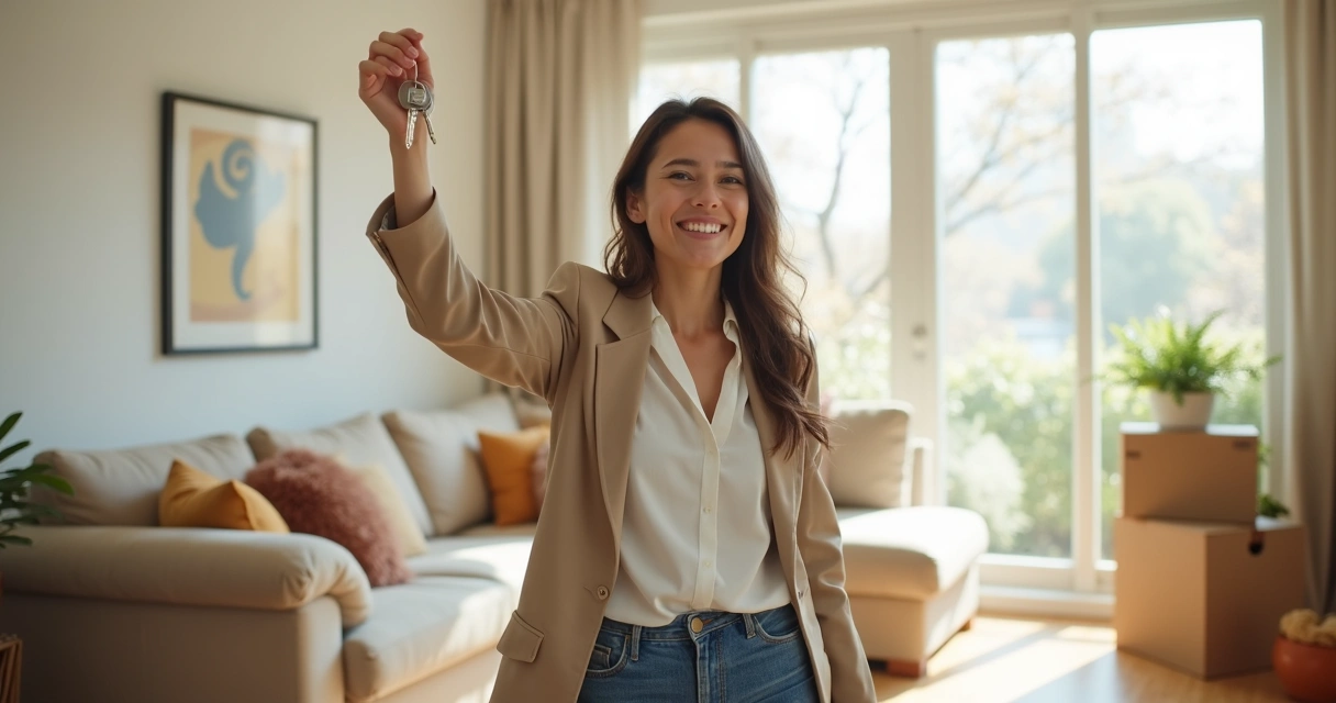 Happy homebuyer celebrating mortgage closing with house keys
