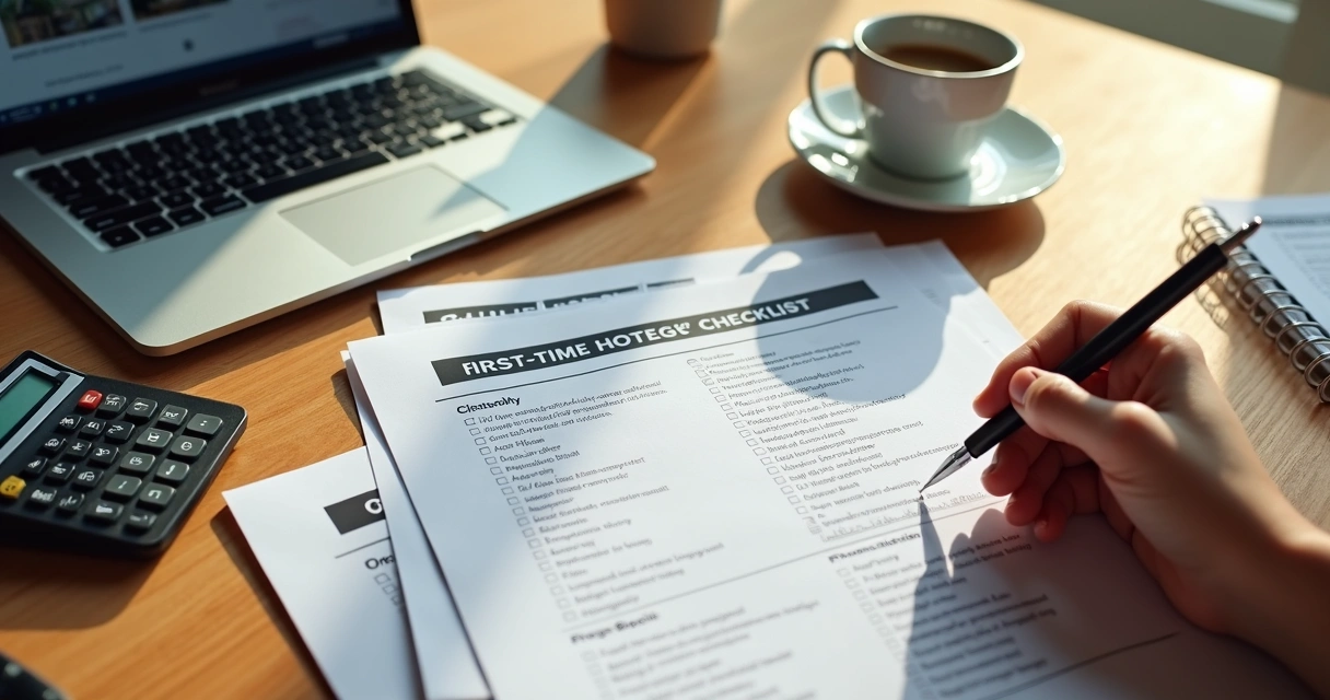 Checklist for first-time homebuyers on a wooden desk 