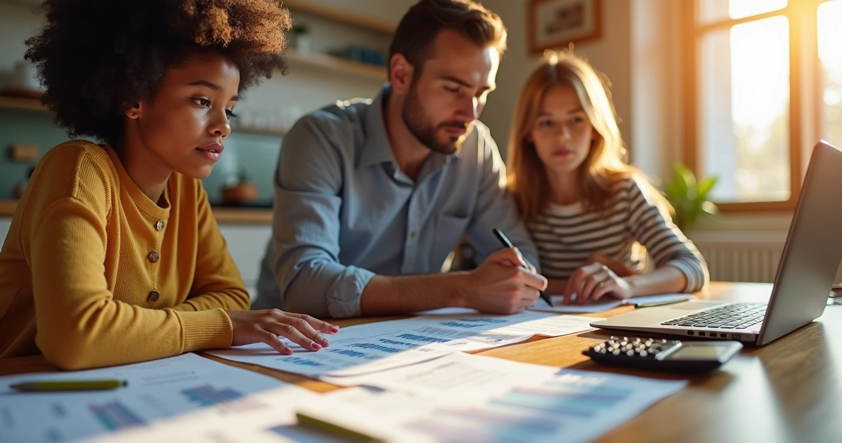 Family looking at mortgage documents at kitchen table 