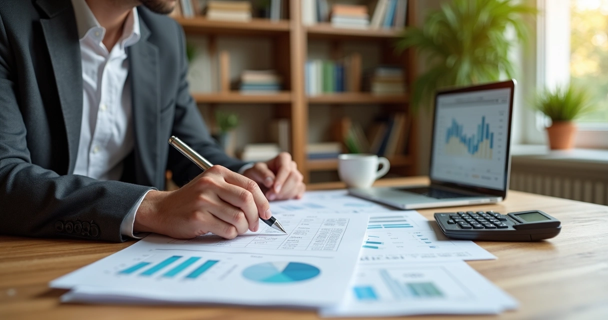 Homebuyer reviewing finances and mortgage documents at a wooden desk with calculator and laptop 