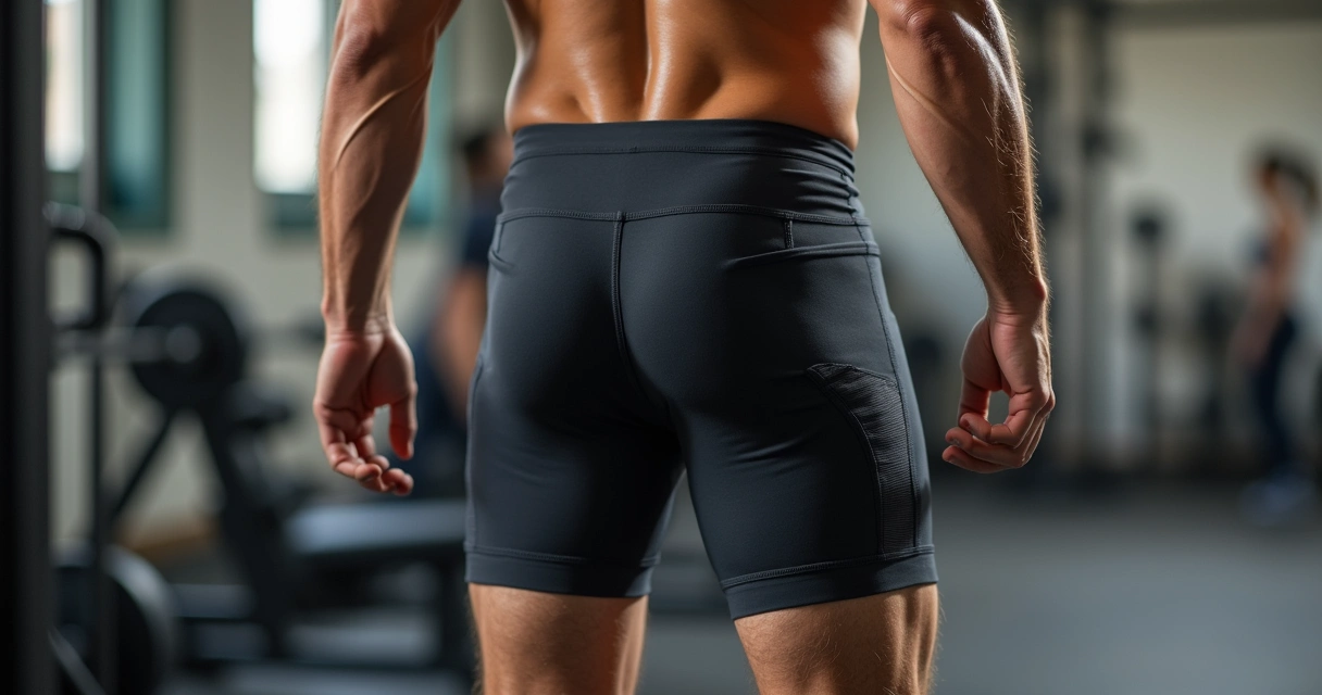 Homem treinando na academia usando bermuda de compressão masculina com bolso, próximo a equipamentos