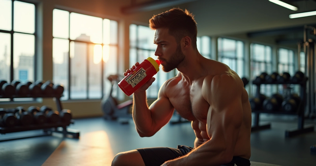 Homem tomando suplemento antes do treino na academia 