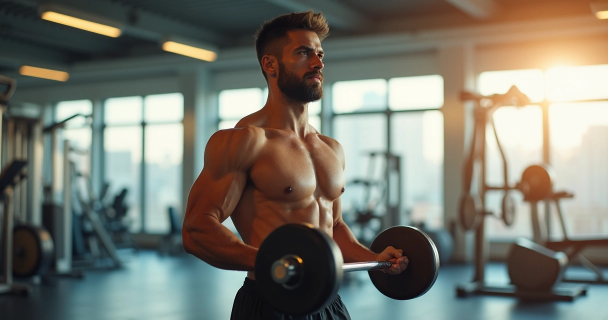 Homem adulto praticando musculação em academia, aparentando saúde e disposição 