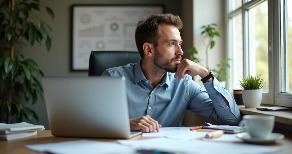 Homem sentado em frente ao notebook olhando pela janela no escritório, aparentando adiar tarefas. 