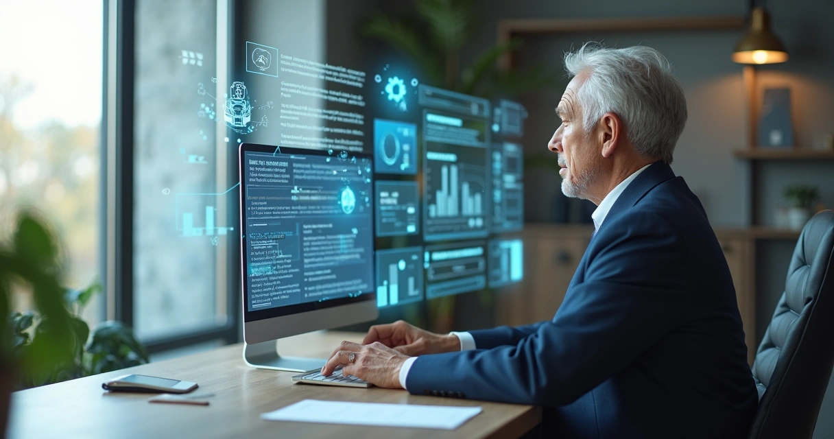 Advogado sentado à mesa analisando documentos com inteligência artificial 