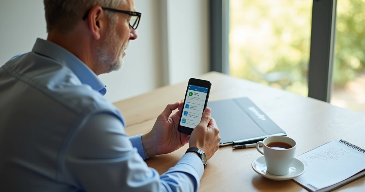 Homem sentado usando o celular para agendar exame médico 