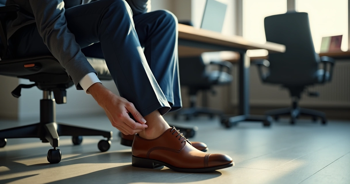 Homem ajustando sapato de couro em escritório moderno 