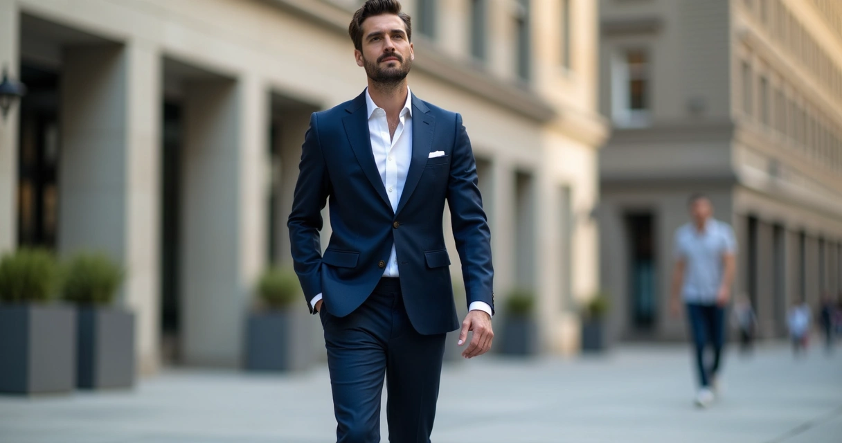 Homem com cal&ccedil;a de alfaiataria e t&ecirc;nis branco caminhando pela cidade 