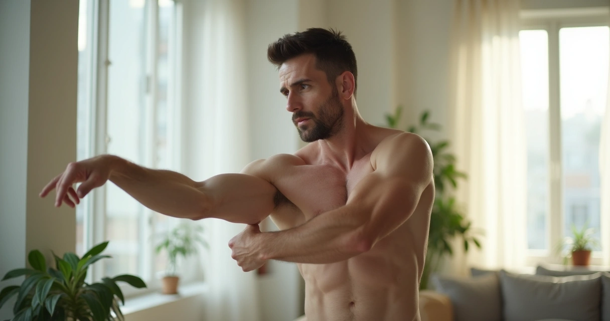 Homem alongando o braço para tríceps antes do exercício 
