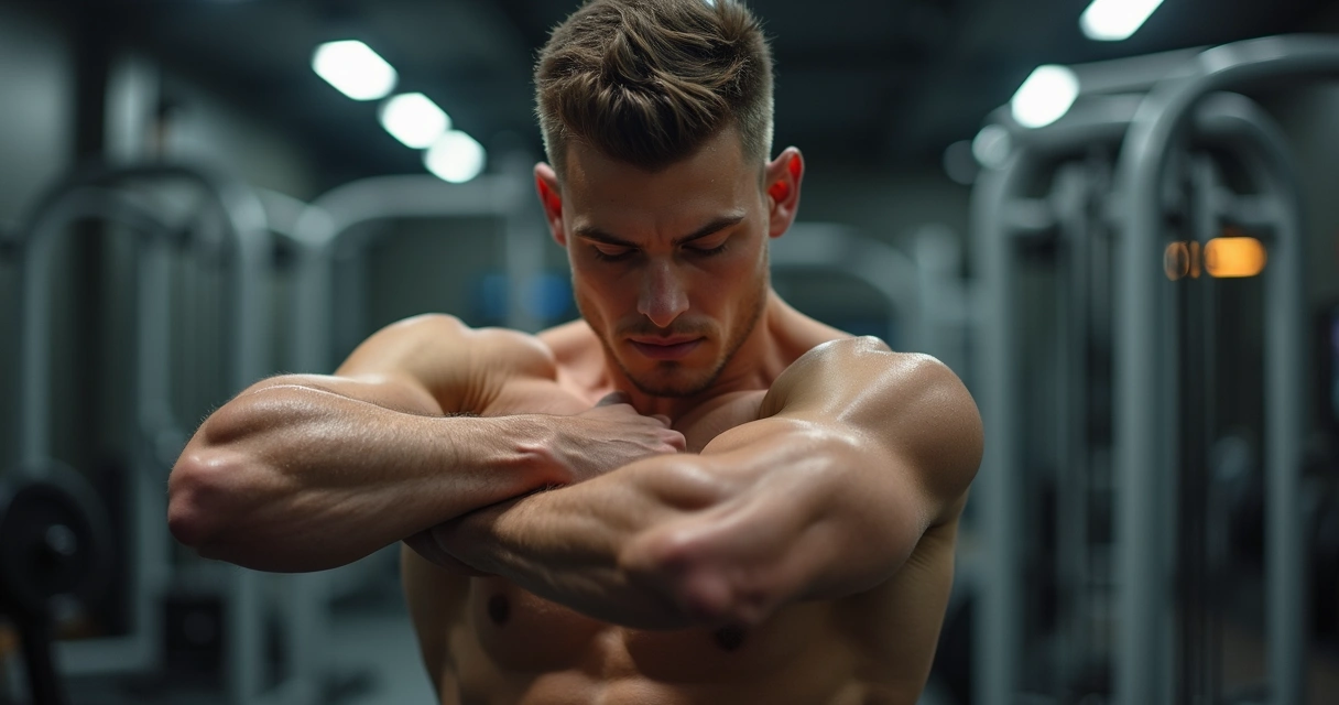 Homem jovem alongando braço em academia após treino