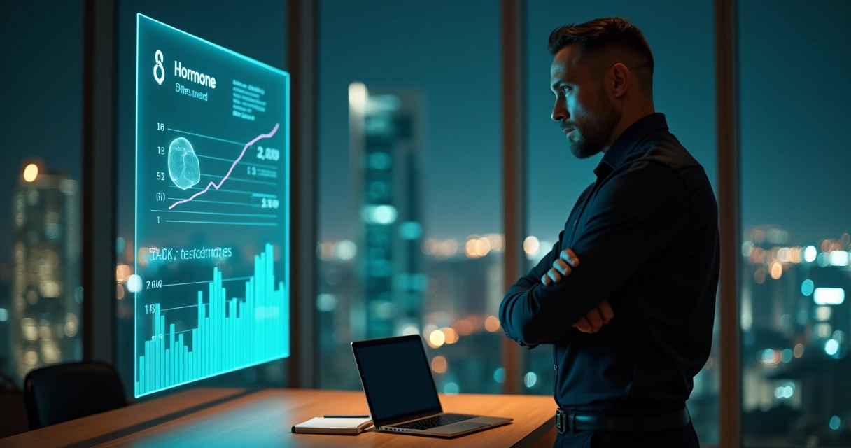 Executivo observando painel digital com gráfica de hormônios masculinos 