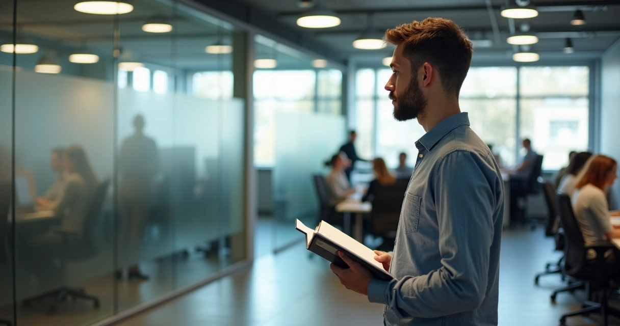 Homem jovem em escritório de vidro observando colegas e anotações 