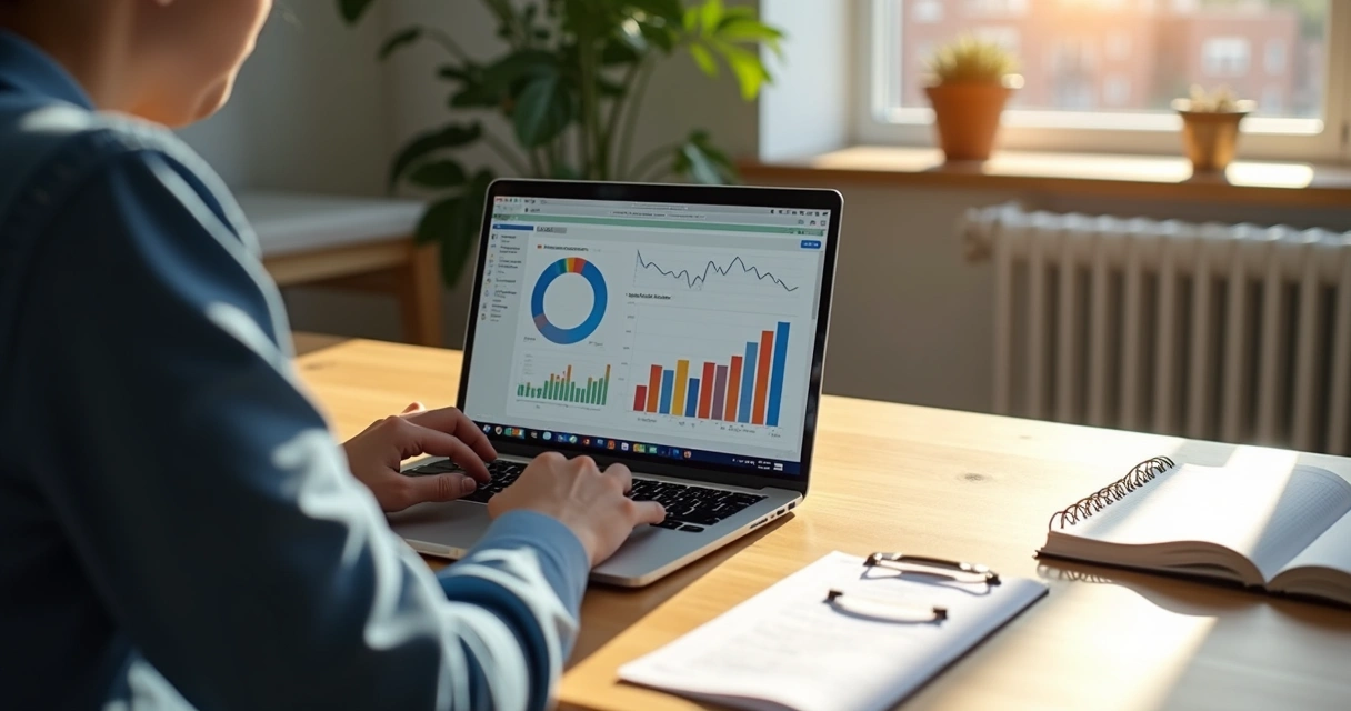 Homem sentado à mesa analisando dados financeiros em laptop 