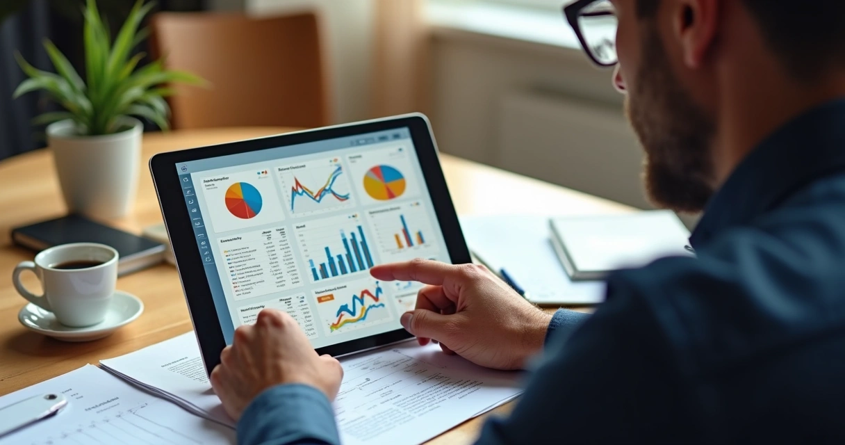 Homem analisando gráficos e dados de negócios em tablet