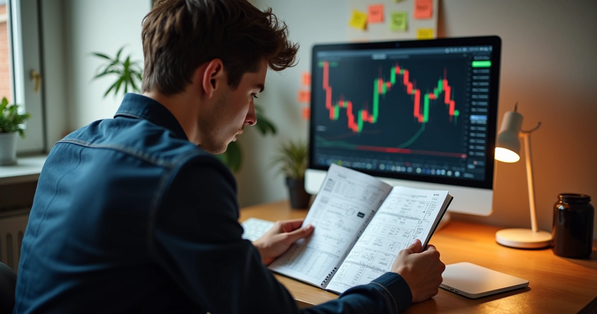 Homem revisando seu diário de trading com gráficos ao fundo 