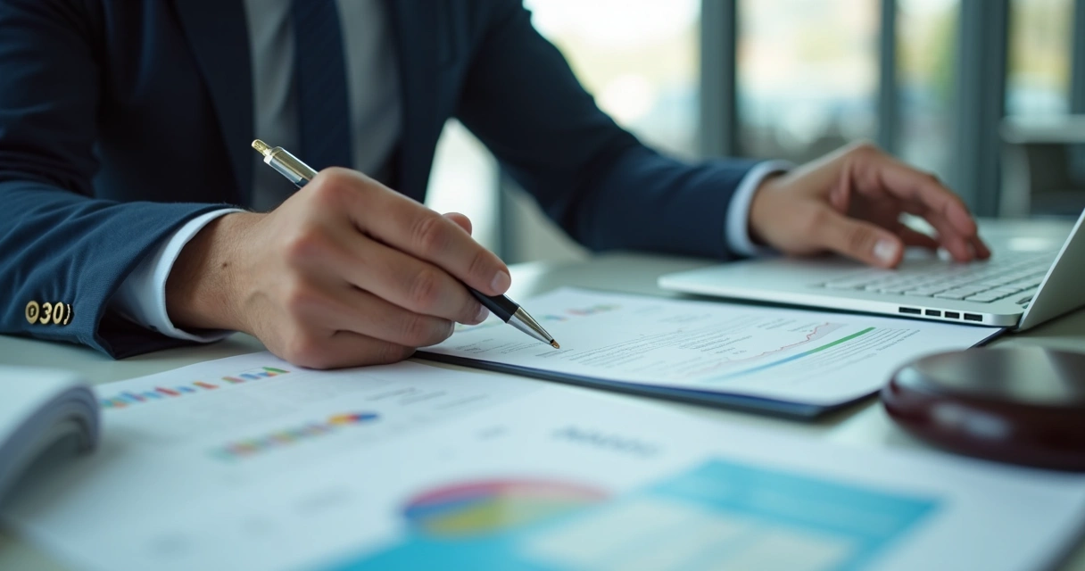 Pessoa sentada em mesa de escritório analisando edital de licitações com papéis e notebook
