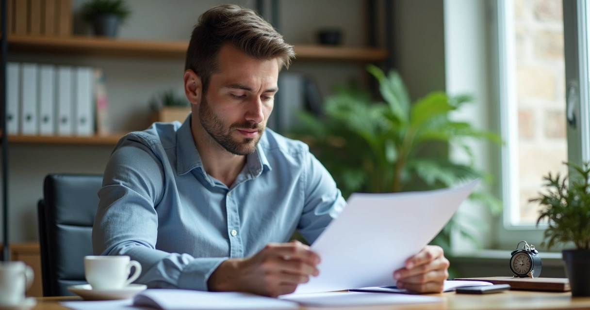 Homem refletindo sentado à mesa com documentos, pensativo 