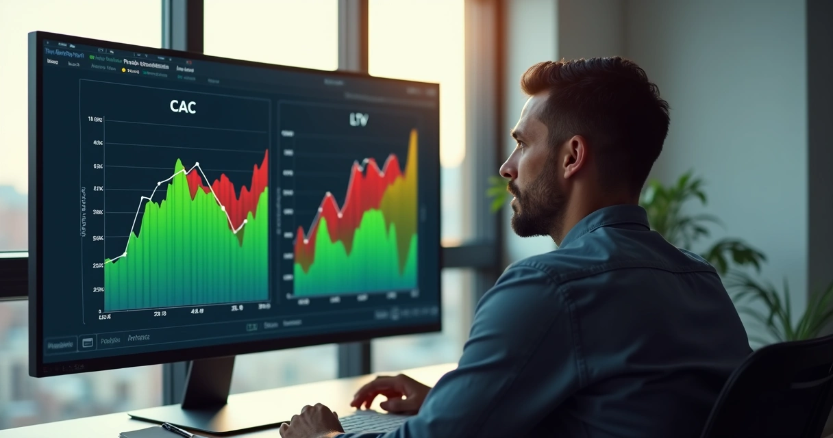 Homem observando gráficos de LTV e CAC em computador 