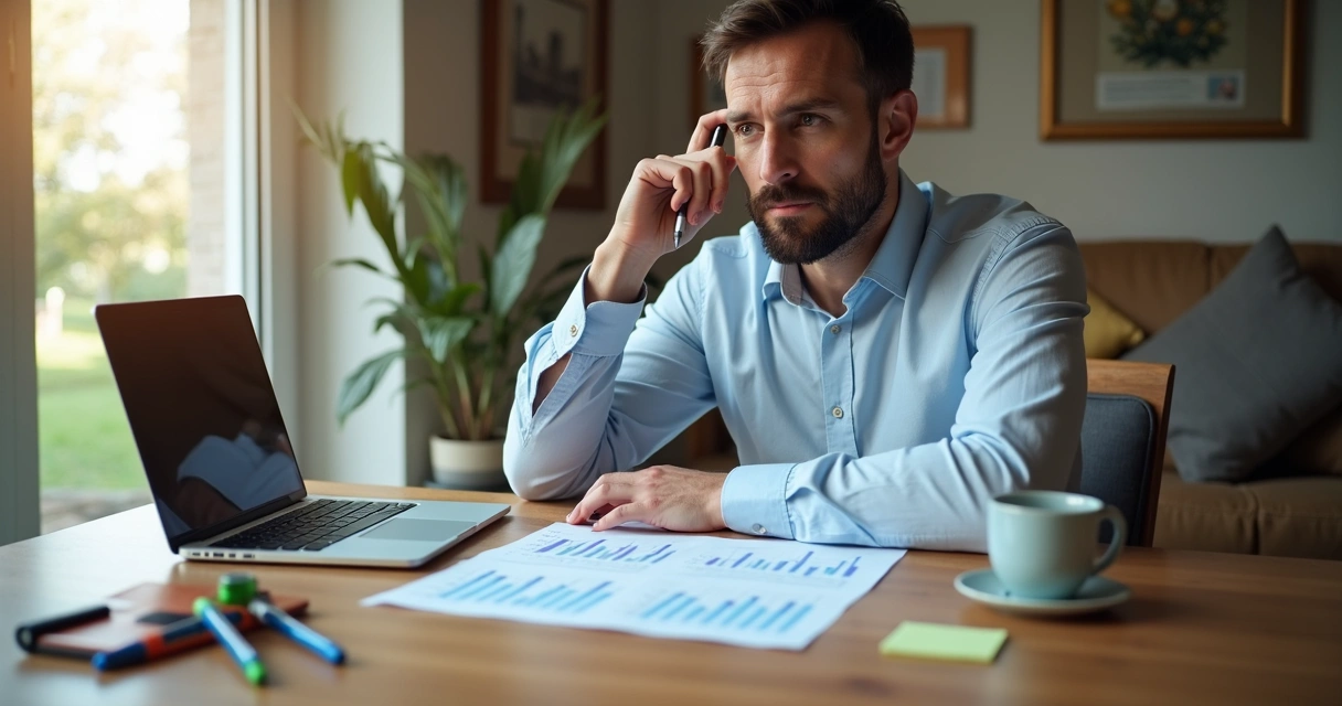 Homem sentado à mesa, analisando gráficos de rendimento mensal em planilha 