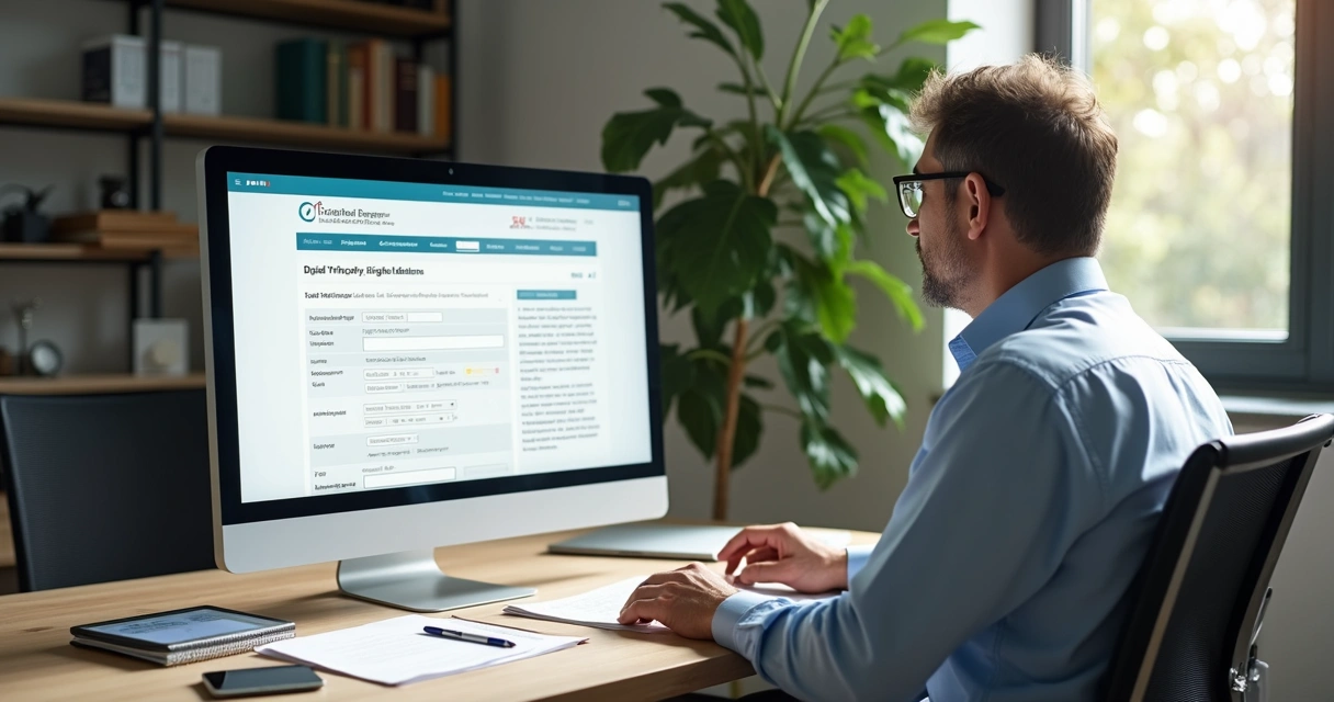 Homem em frente ao computador analisando registro digital de imóvel 