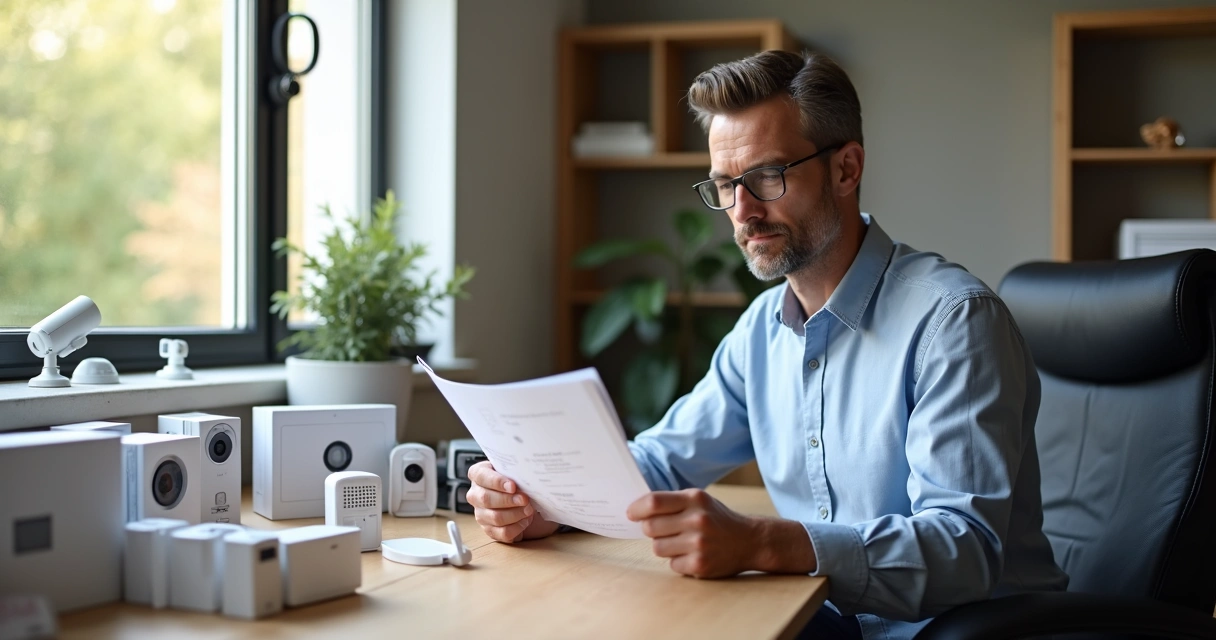 Homem lendo manual técnico com ar concentrado 