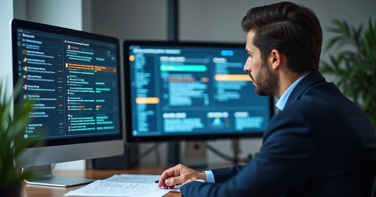 Homem avaliando notificações e multas do e-Social em tela de computador 