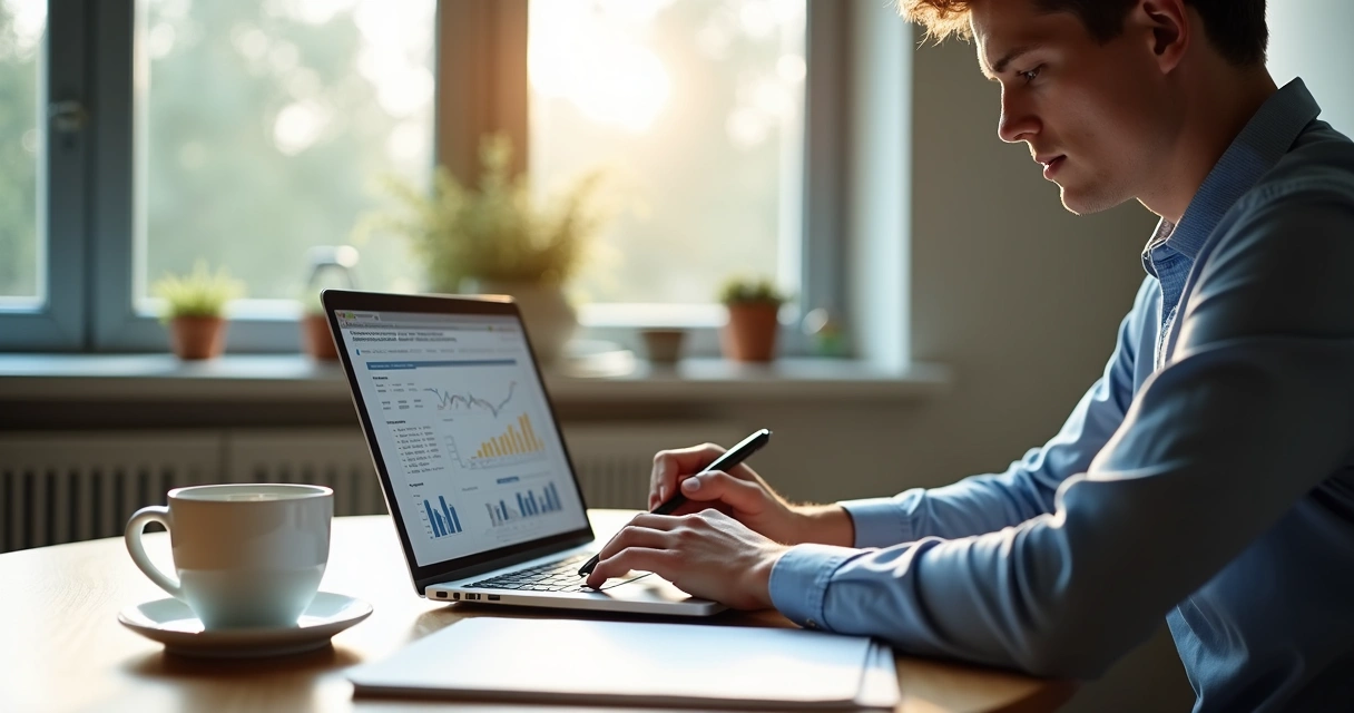 Homem jovem analisa relatório de finanças em tela de notebook, expressão séria, caneta na mão, mesa de trabalho ao fundo, ambiente iluminado por luz natural 