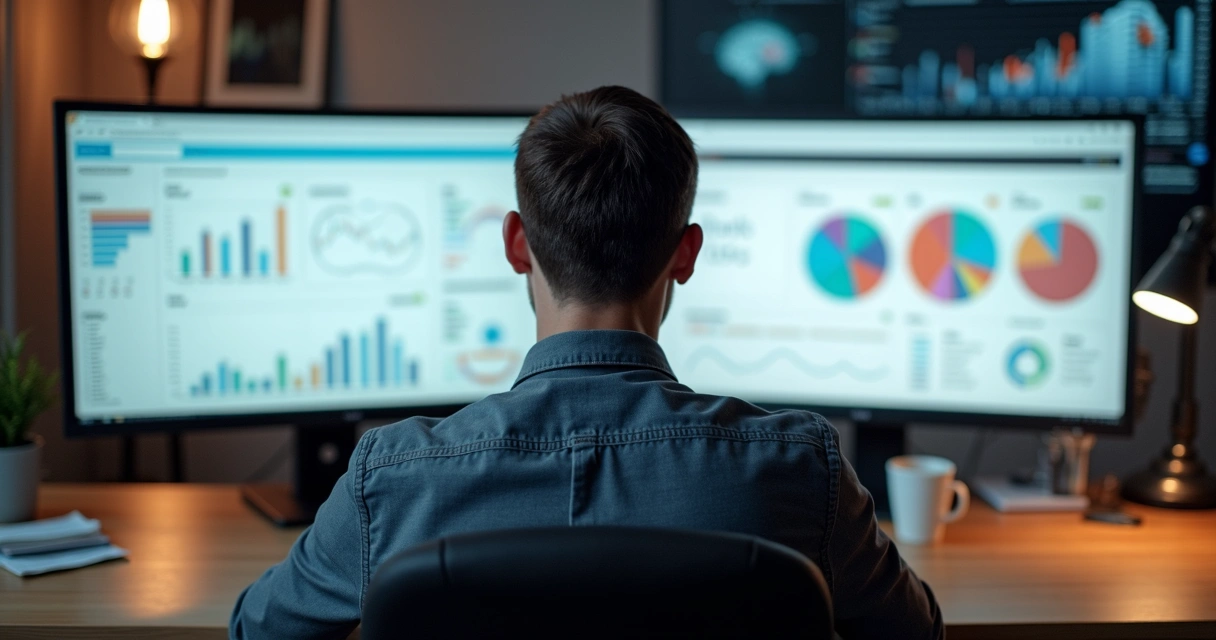 Homem observando relatórios personalizados na tela do computador 