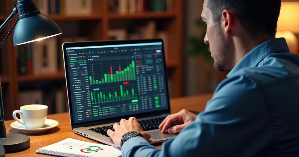 Homem analisando apostas em laptop com gráficos e anotações em mesa organizada 