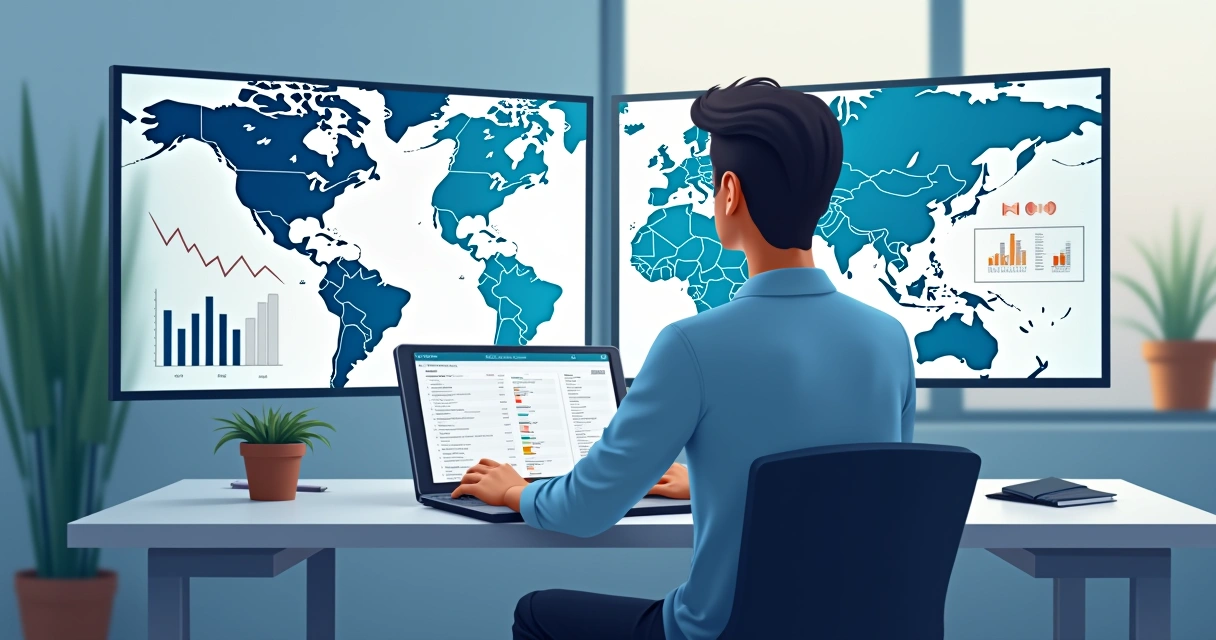 Homem usando notebook e analisando gráficos de diferentes mercados globais na tela 