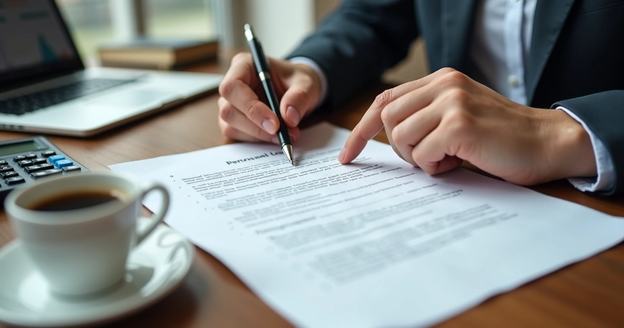 Pessoa analisando contrato de empréstimo pessoal com calculadora e documentos na mesa 