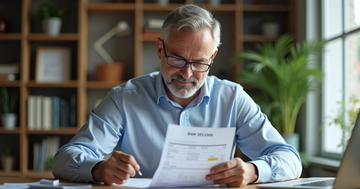 Homem observa extrato bancário impresso ao lado de notebook em mesa de escritório 