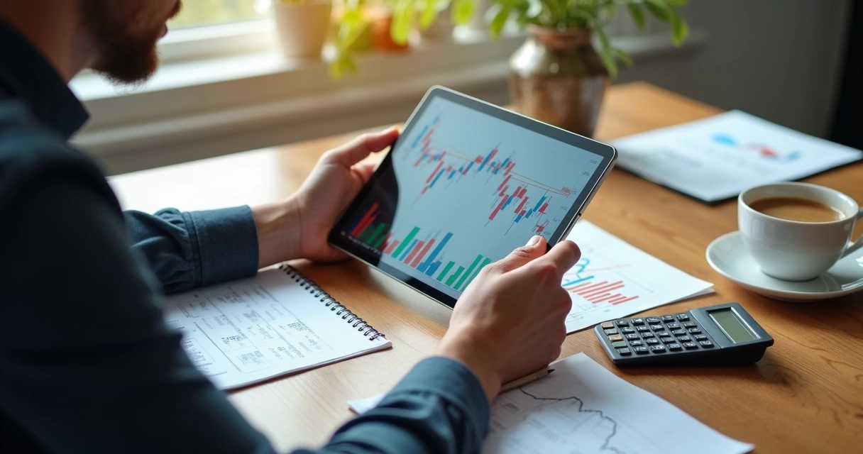 Homem analisando gráficos financeiros em tablet com notas e calculadora sobre mesa de madeira 