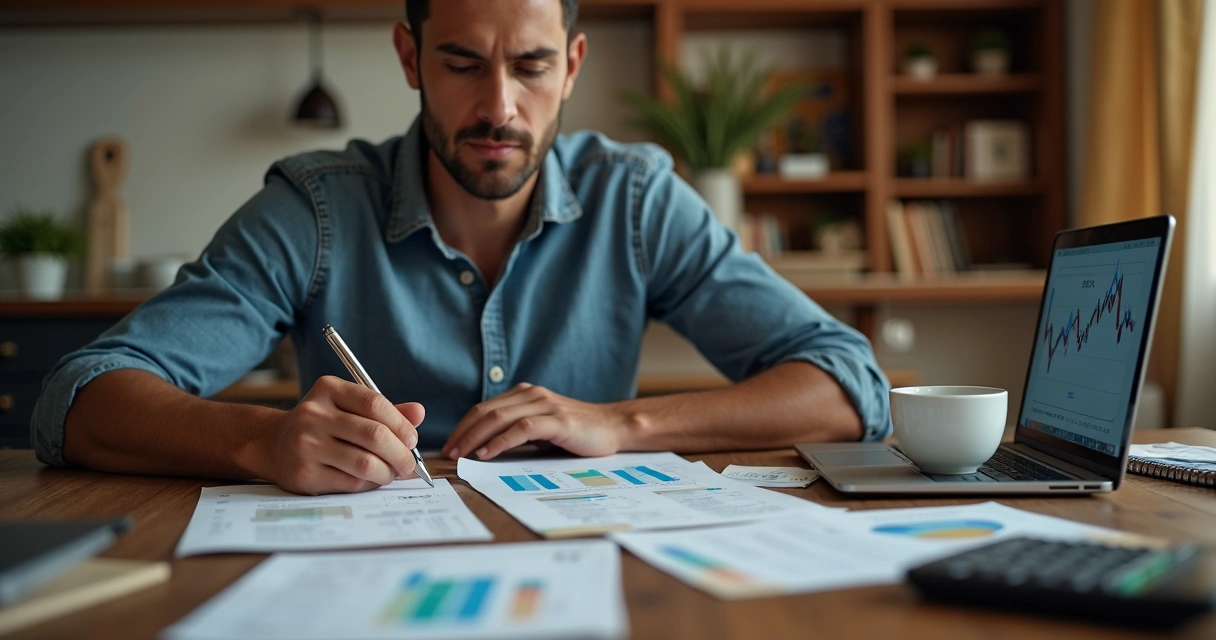 O Que Fazer Com a Reserva de Emergência em 2025? 2 Homem sentado à mesa analisando investimentos e gráficos financeiros