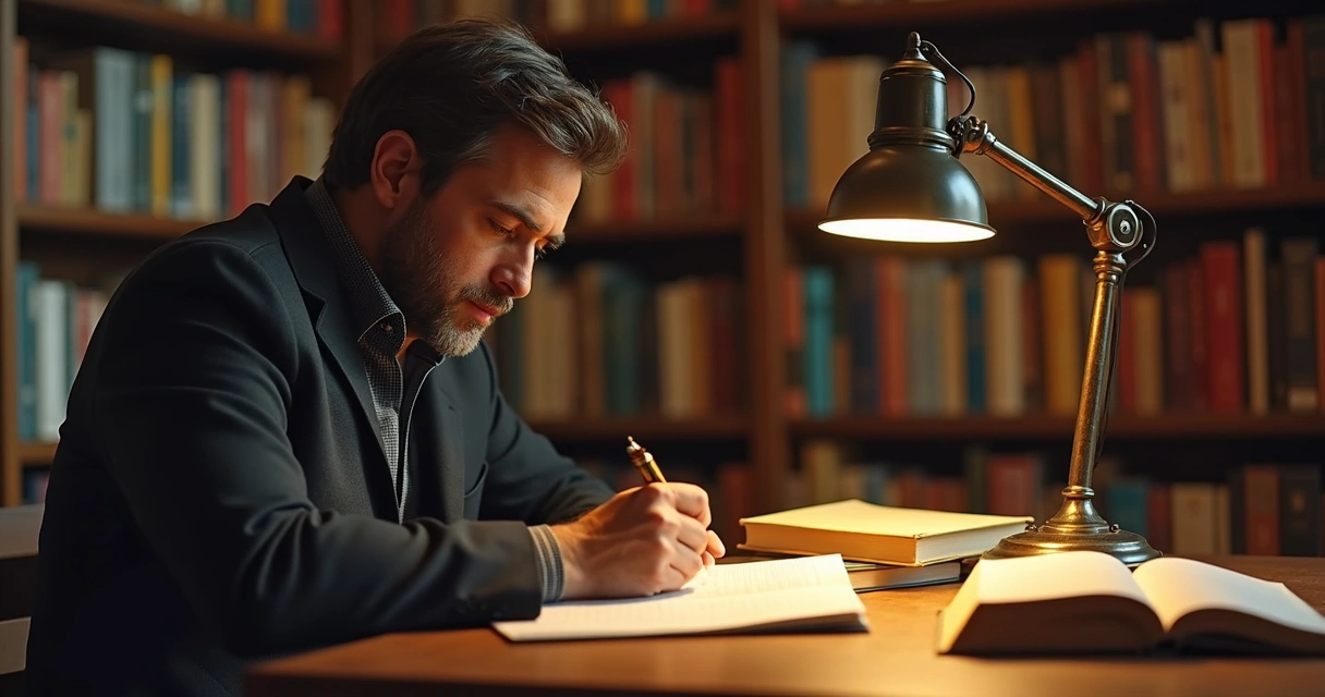 Homem analisando livros e anotações em uma biblioteca iluminada 