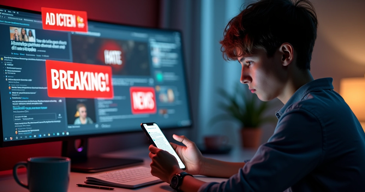 Pessoa analisando notícia no celular cercada por manchetes dramáticas 