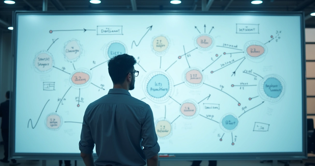 Homem pensativo olhando várias opções em um quadro branco